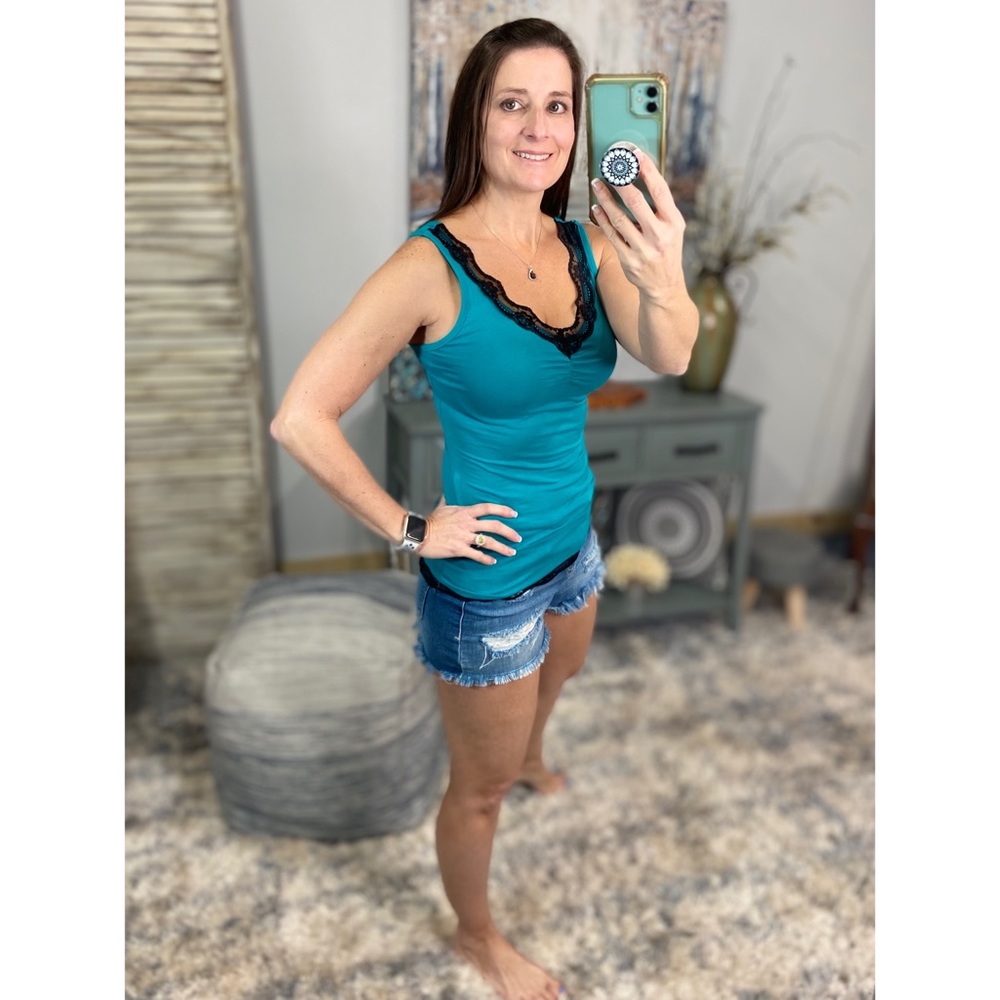 ❤️🔥Lace Ruched Bust Slimming Tank Teal 1916 - Picture 2 of 4